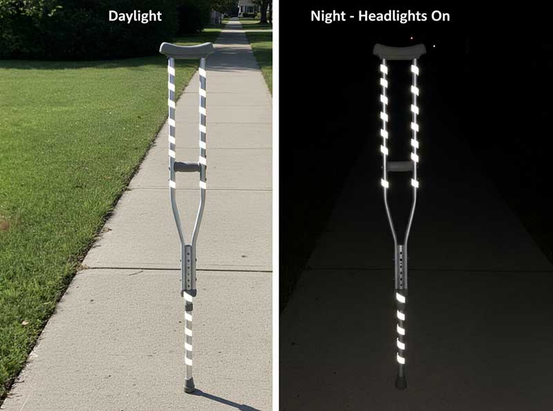 3M reflective tape strips applied to crutches showing high visibility silver strips for safety in dark winter conditions