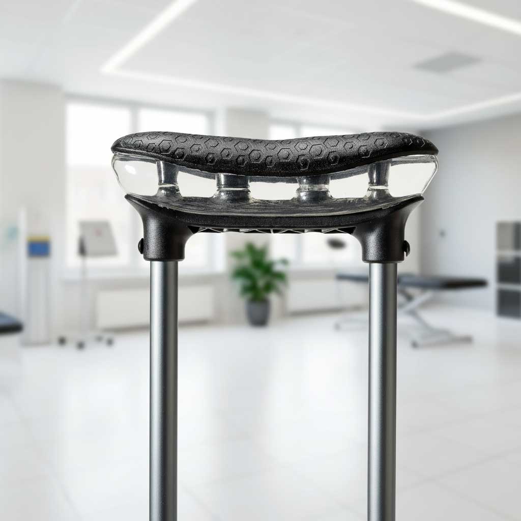 Close up of M+D Air Crutch Airgonomic underarm cushion showing air bladder system and soft padding