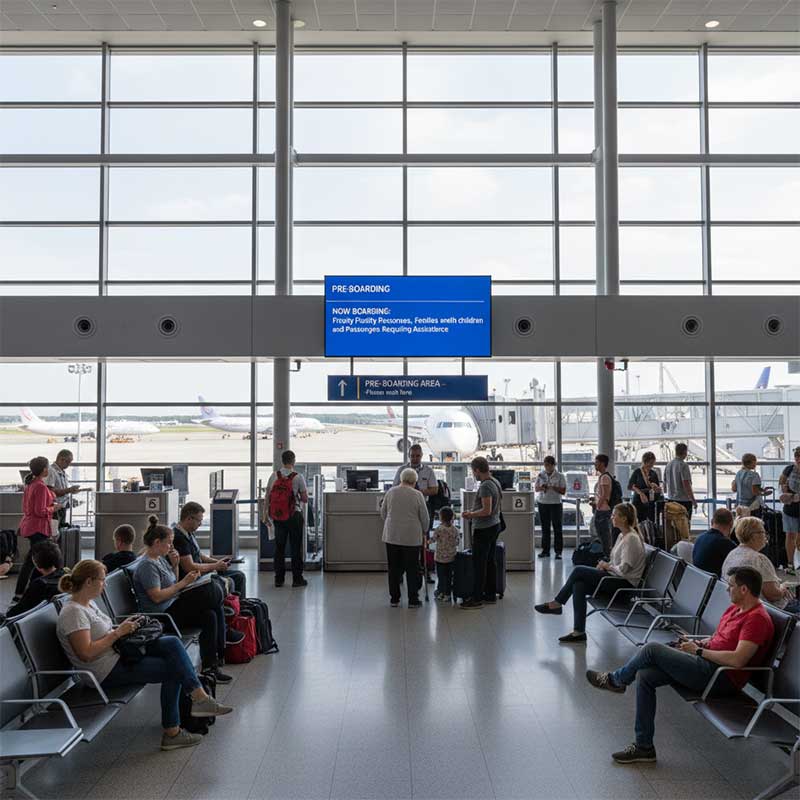 Airport gate area with pre-boarding announcement