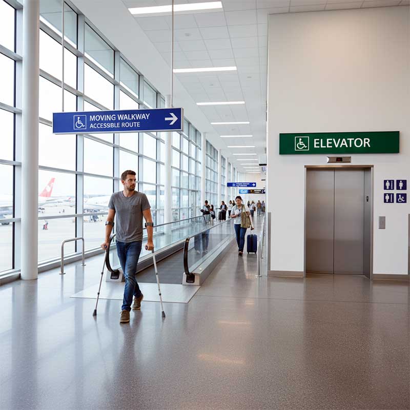 Airport terminal showing accessible walkways and elevators