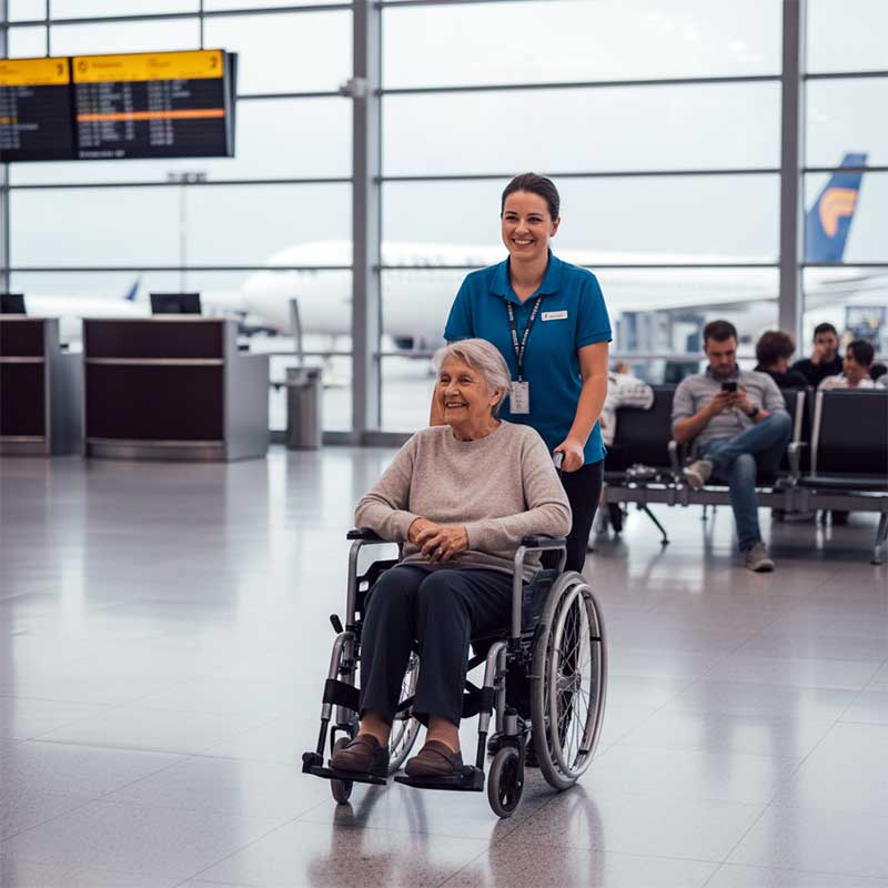 Airport wheelchair assistant helping passenger with mobility aids