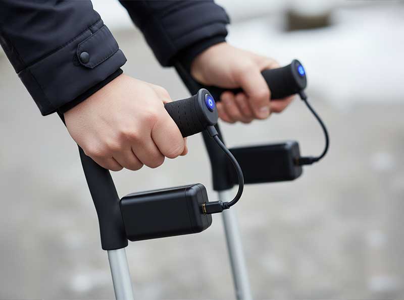Battery-powered heated crutch handle grips with visible power indicator and USB charging port for cold weather comfort