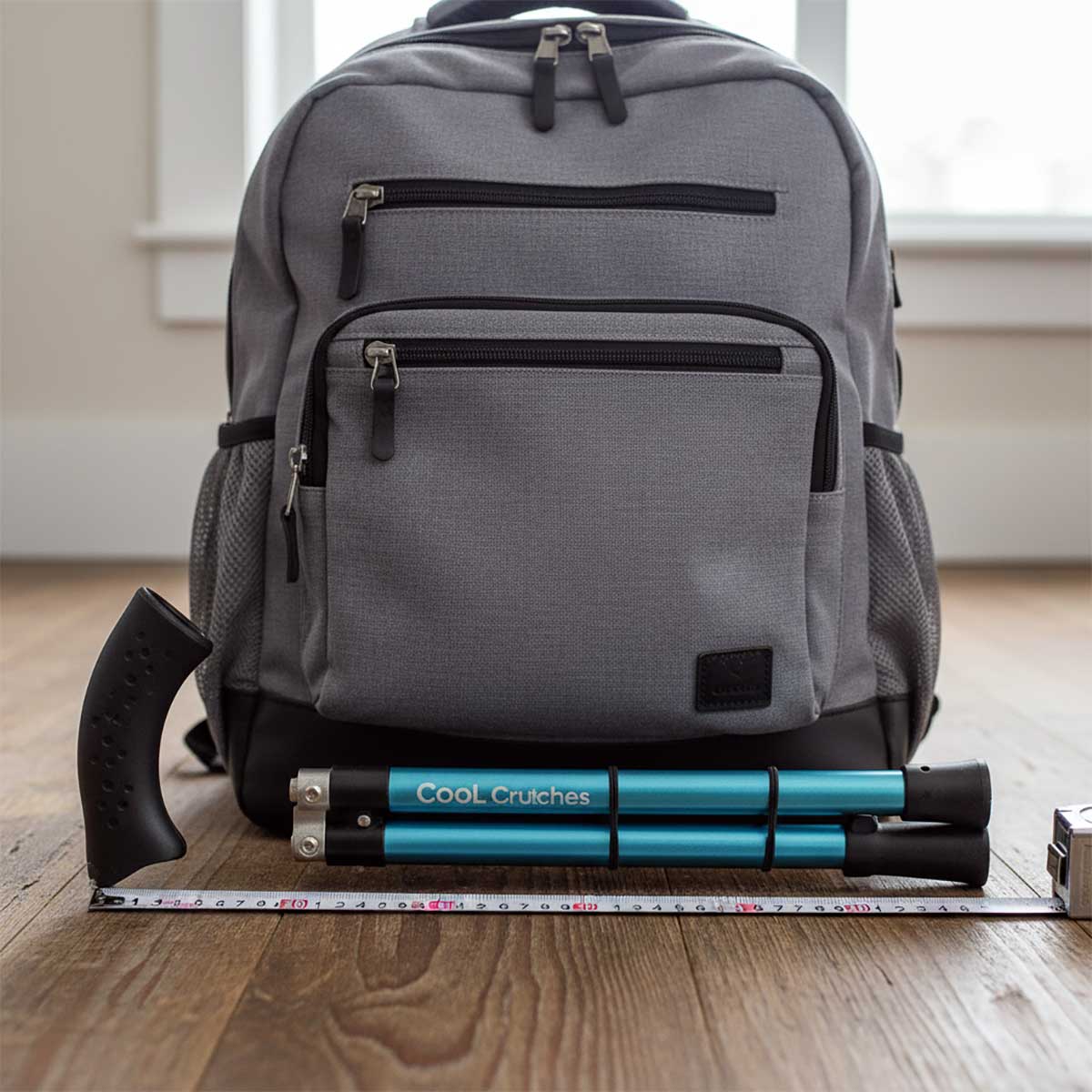 Cool Crutches folding walking stick folded to 12 inches next to a backpack for size comparison