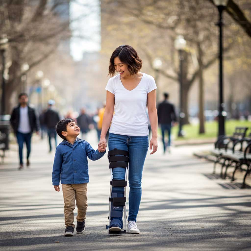 Freedom Leg 3.0 full view showing aluminum frame strapped to leg with thigh rest, knee platform, and calf pad