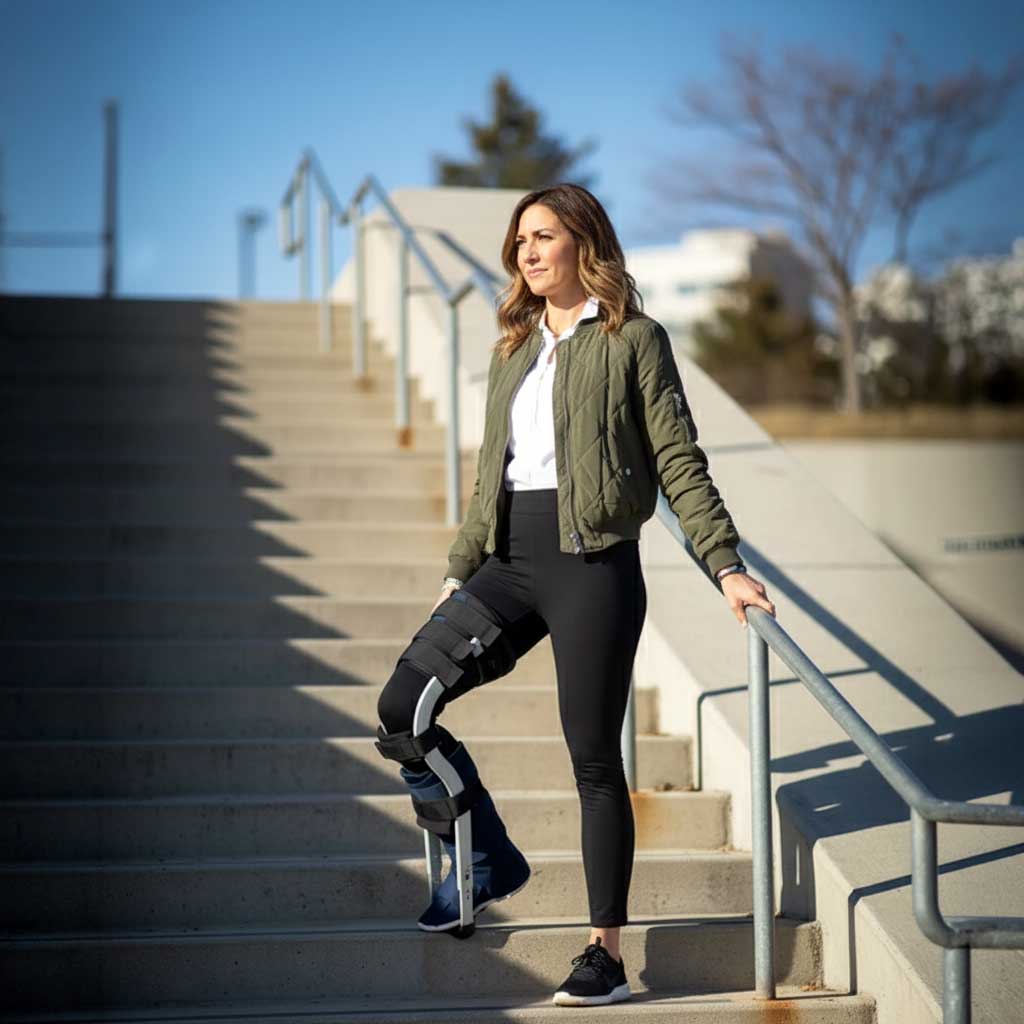 User wearing Freedom Leg 3.0 walking up stairs holding handrail with injured foot suspended in air