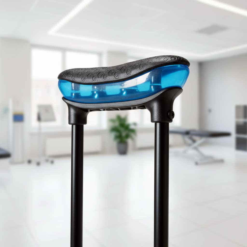 Detail view of M+D Air Crutch gel hand grip showing naturally angled handle and soft gel surface