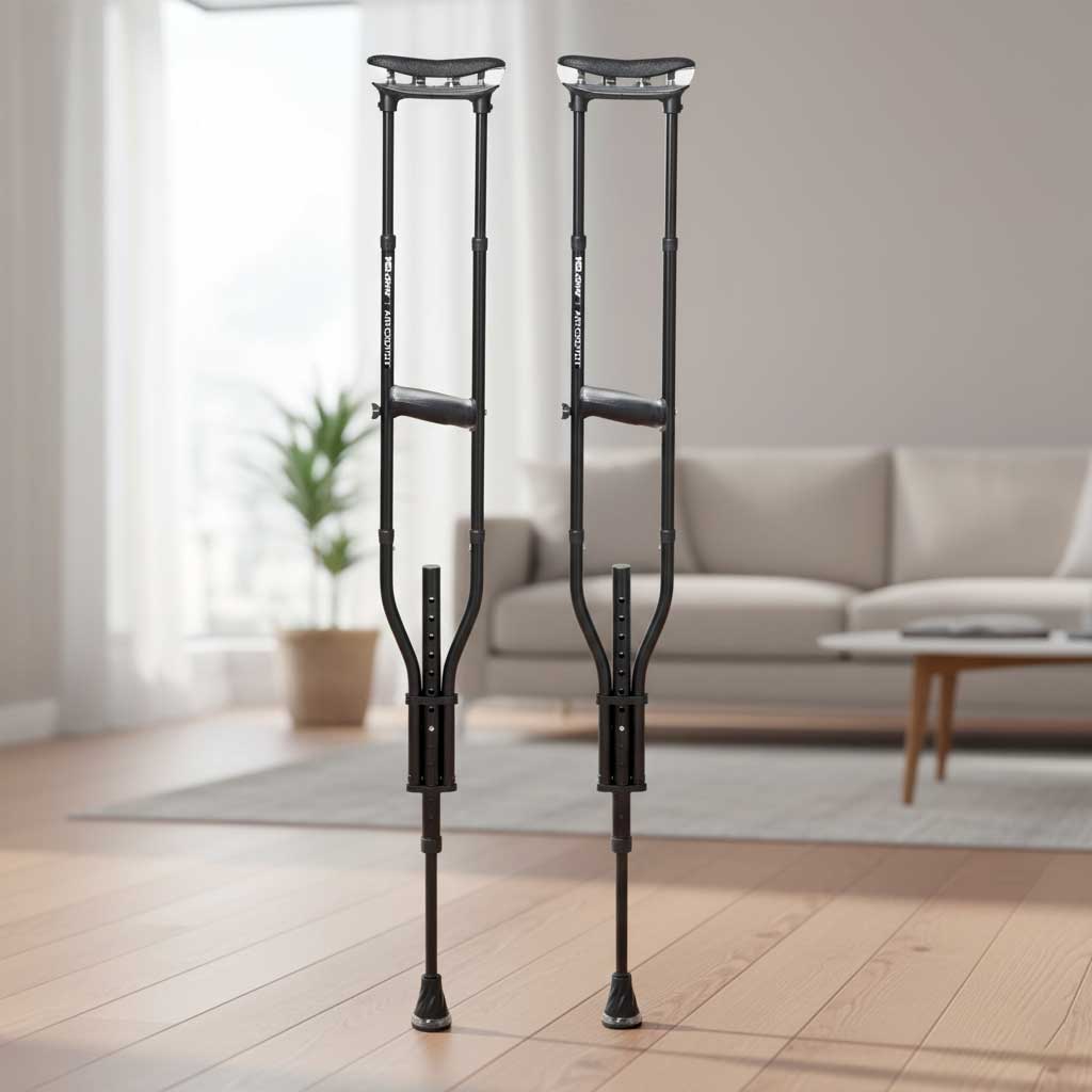 M+D Air Crutch full length view showing aluminum shafts, Airgonomic underarm cushions, gel hand grips, and Flexgrip air tips