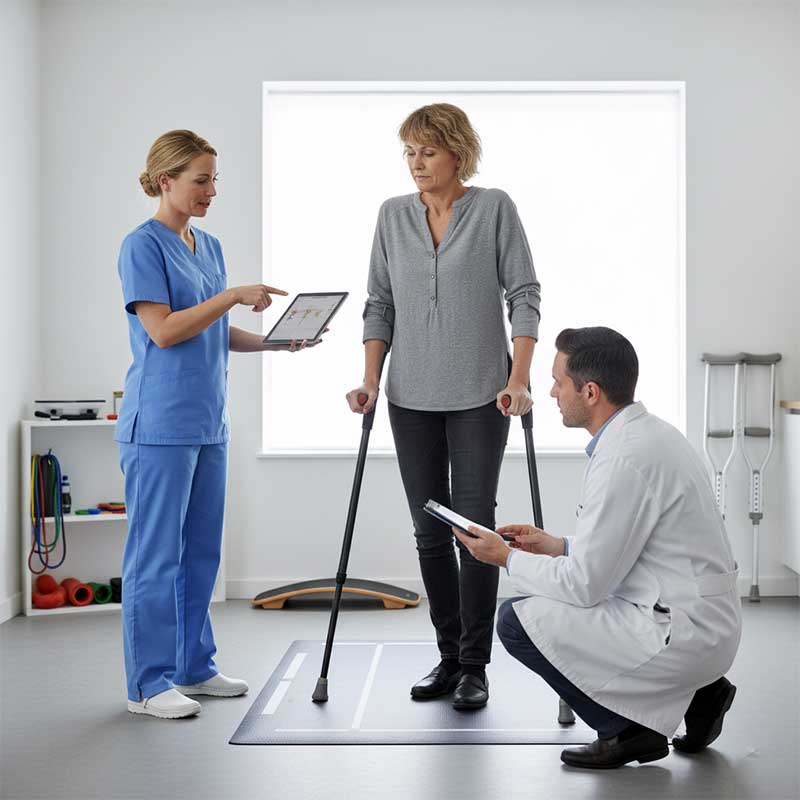Medical professionals evaluating patient mobility equipment