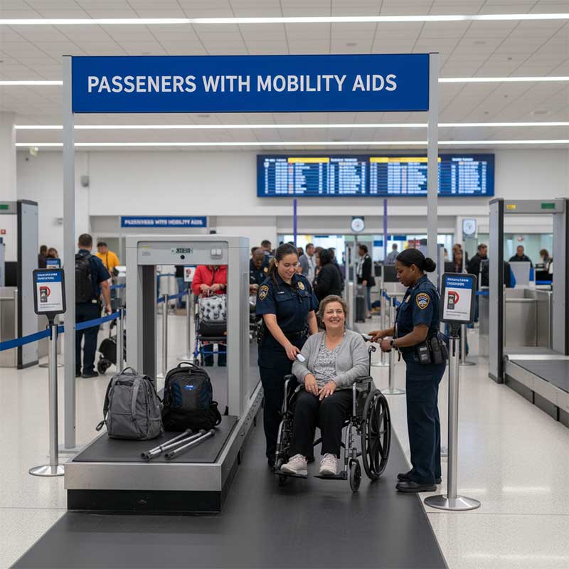 Passenger with crutches at airport security checkpoint
