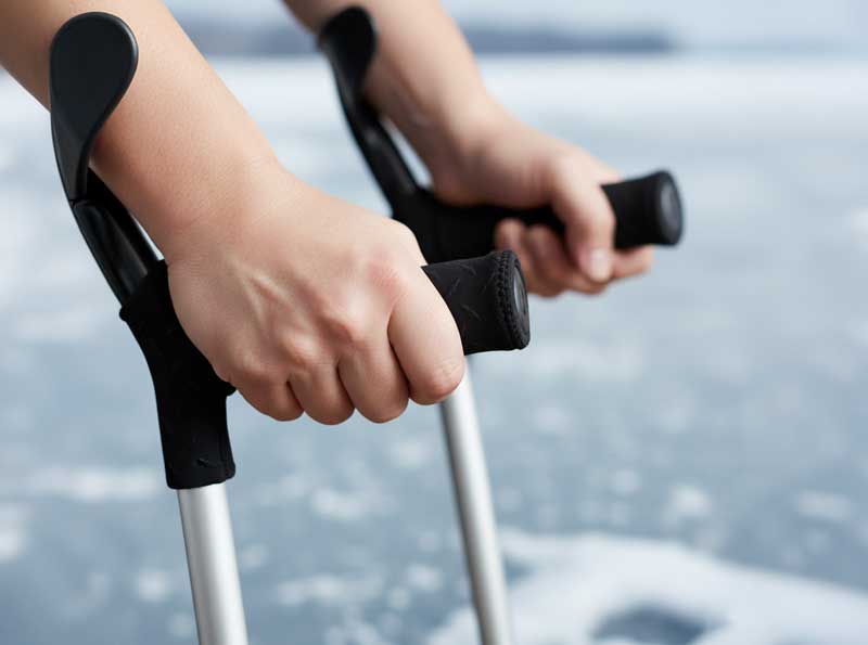Hands gripping crutches with black neoprene grip covers showing textured surface and comfortable fleece-lined padding