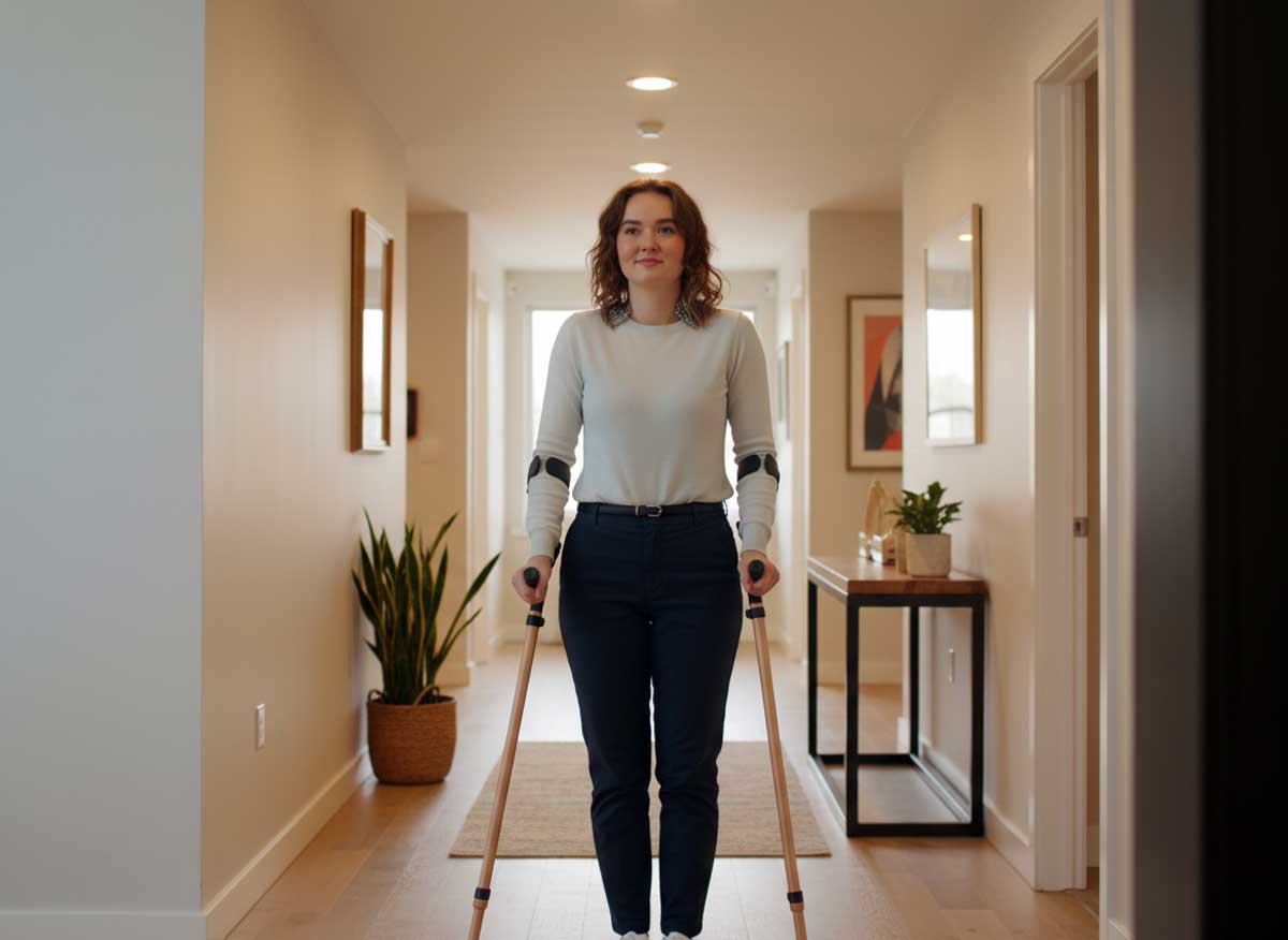 Telo Y Cane in use, person standing upright in hallway demonstrating posture support and modern design in real world setting