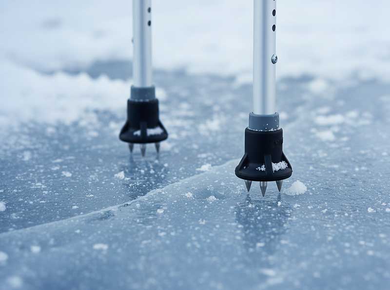 Yaktrax ice grip tips installed on crutch showing retractable carbide steel spikes for winter traction on ice and snow