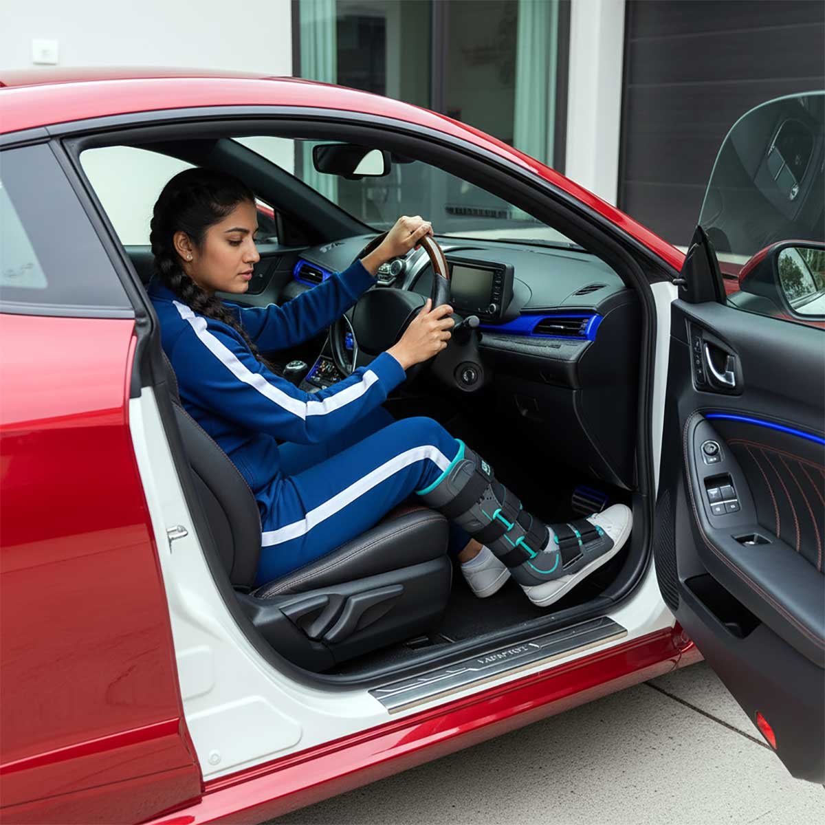 Right foot in a walking boot positioned above car pedals