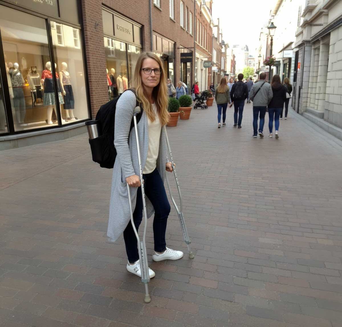 Person on crutches wearing a backpack with a travel mug in the side pocket