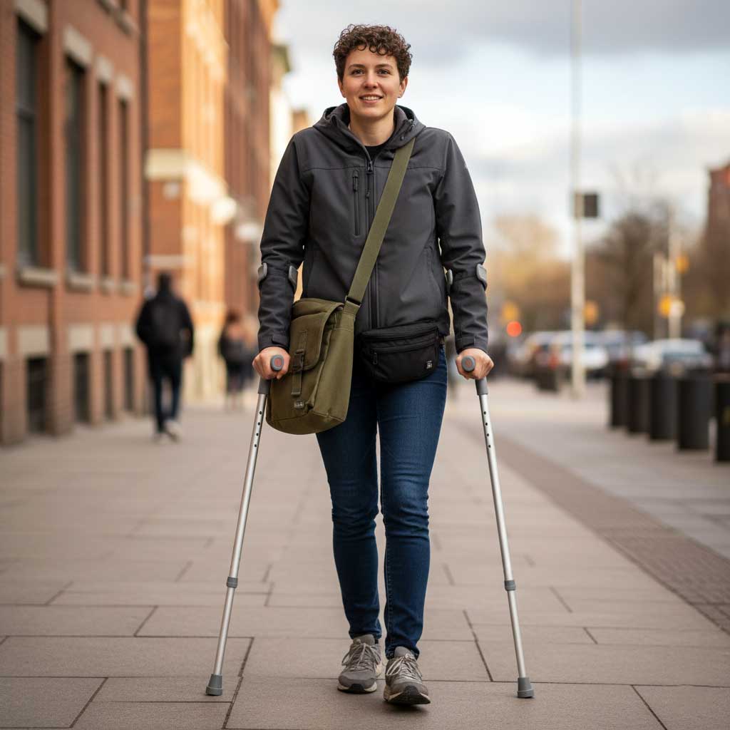 Person using forearm crutches wearing both a crossbody messenger bag and a waist fanny pack for hands-free carrying of essentials