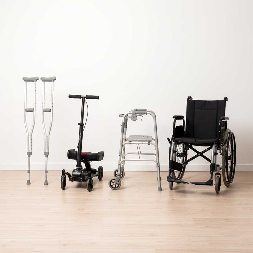 Lineup of common crutch alternatives including forearm crutches, knee scooter, walker, and wheelchair arranged side by side for comparison