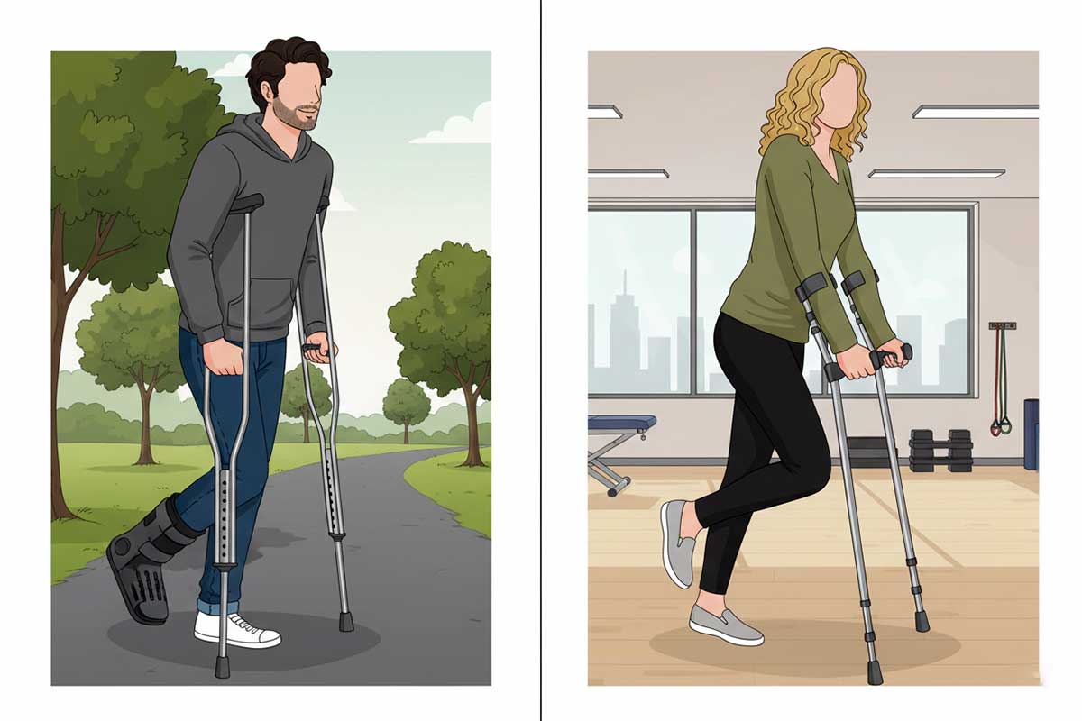 Crutch user having handle height checked at wrist level to illustrate basic fitting