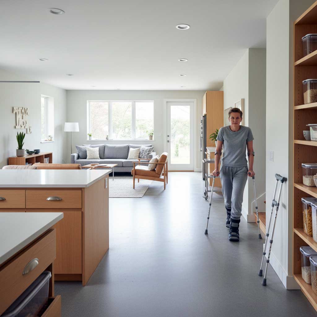 Well-organized home with clear walking paths, rolling cart, and accessible storage showing safe crutch-friendly environment