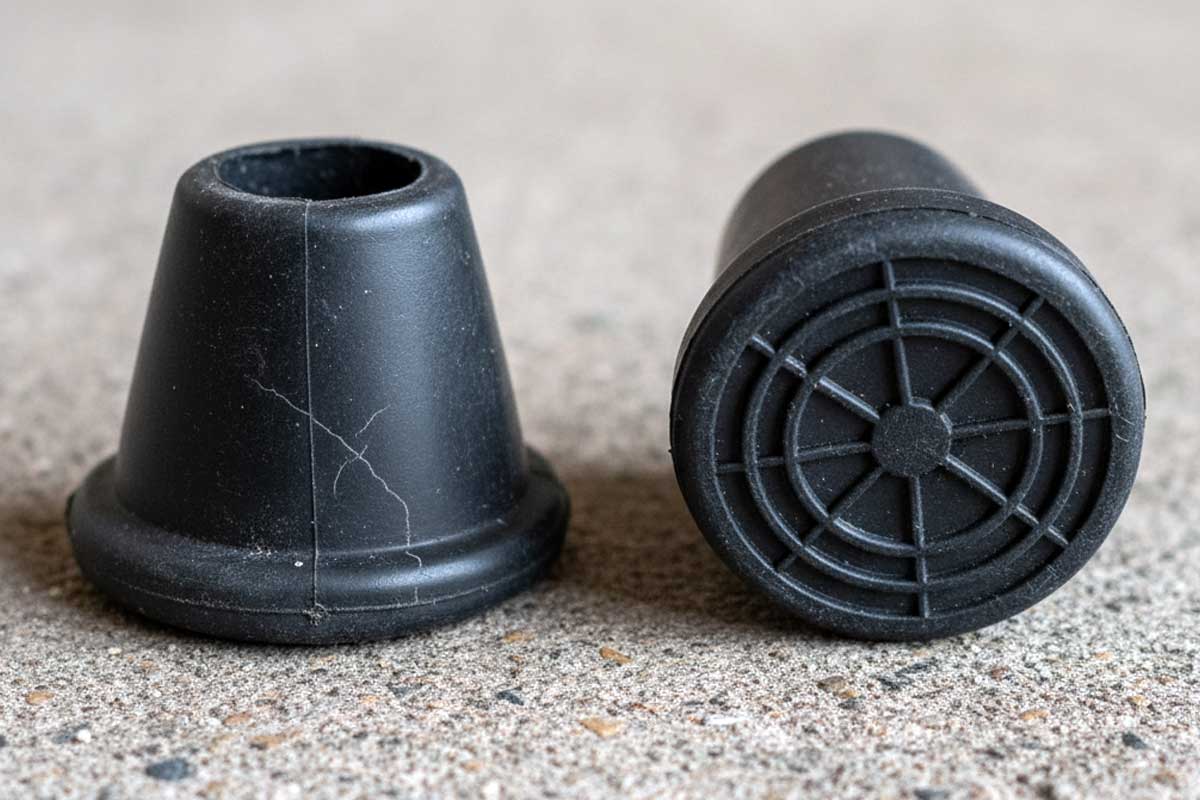 Worn crutch tip next to a new tip showing the difference in tread and grip