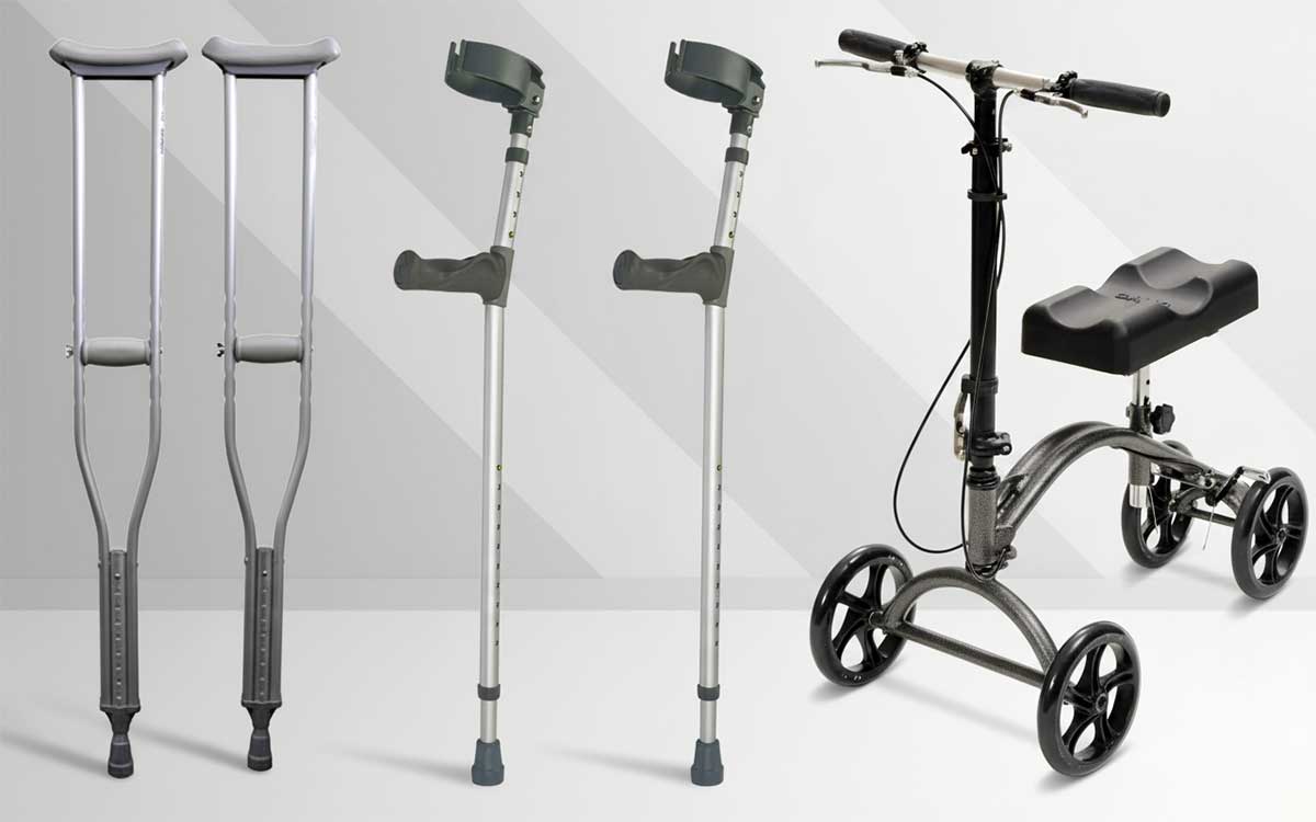 Comparison of underarm crutches, forearm crutches, and a knee scooter to show different mobility device types