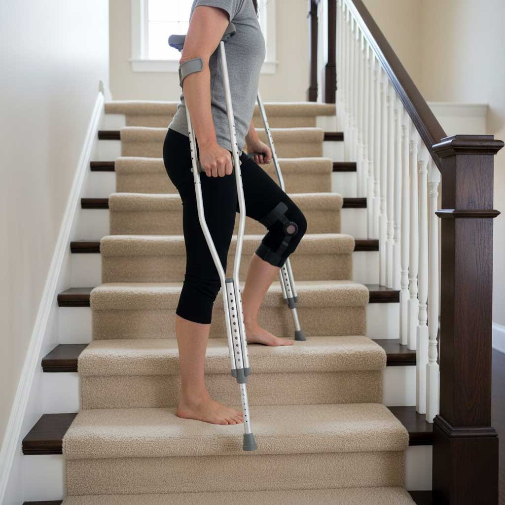 Using crutches on carpeted stairs without slipping: step order and hand placement