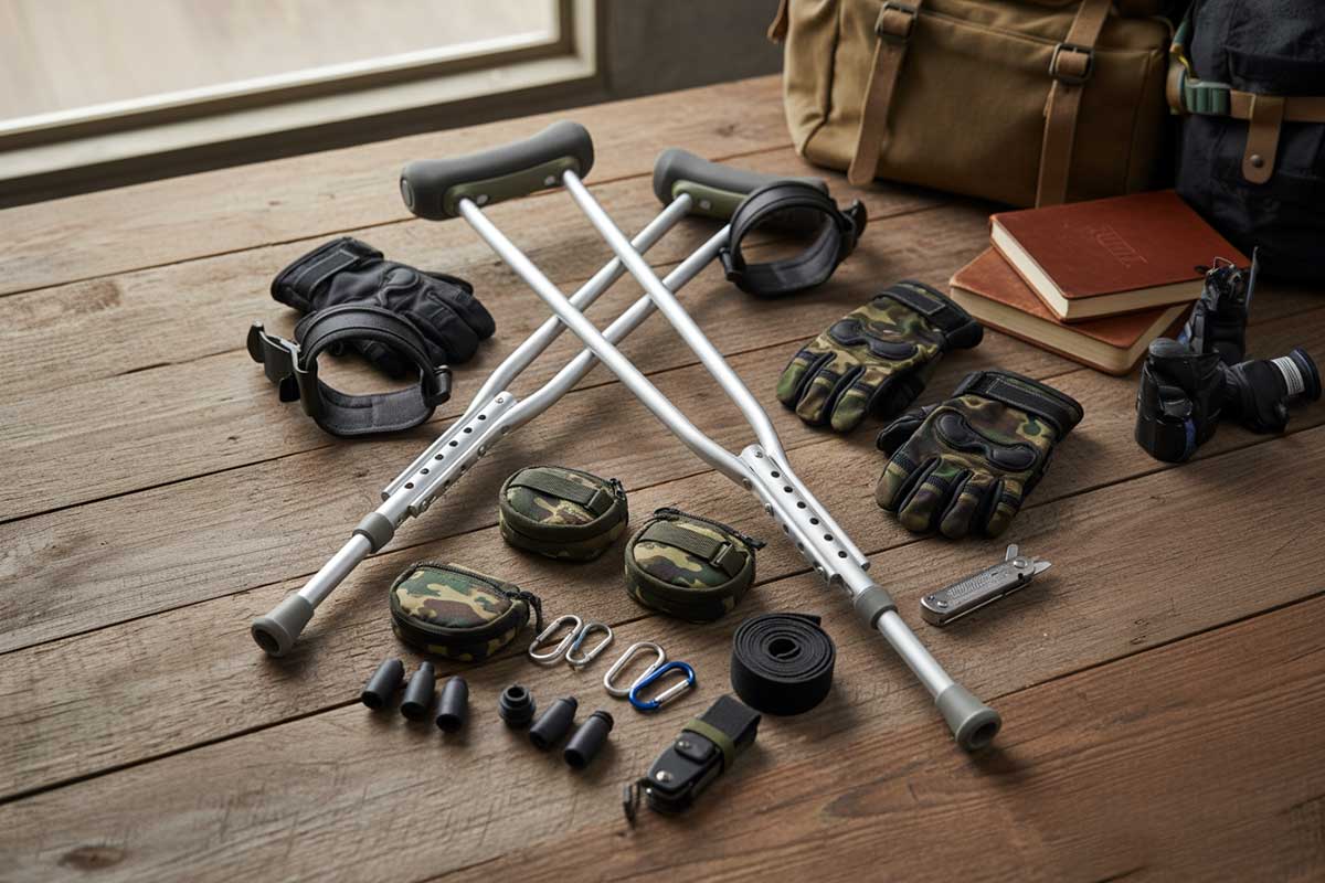 Crutches with gloves and grip covers displayed as a small gear collection