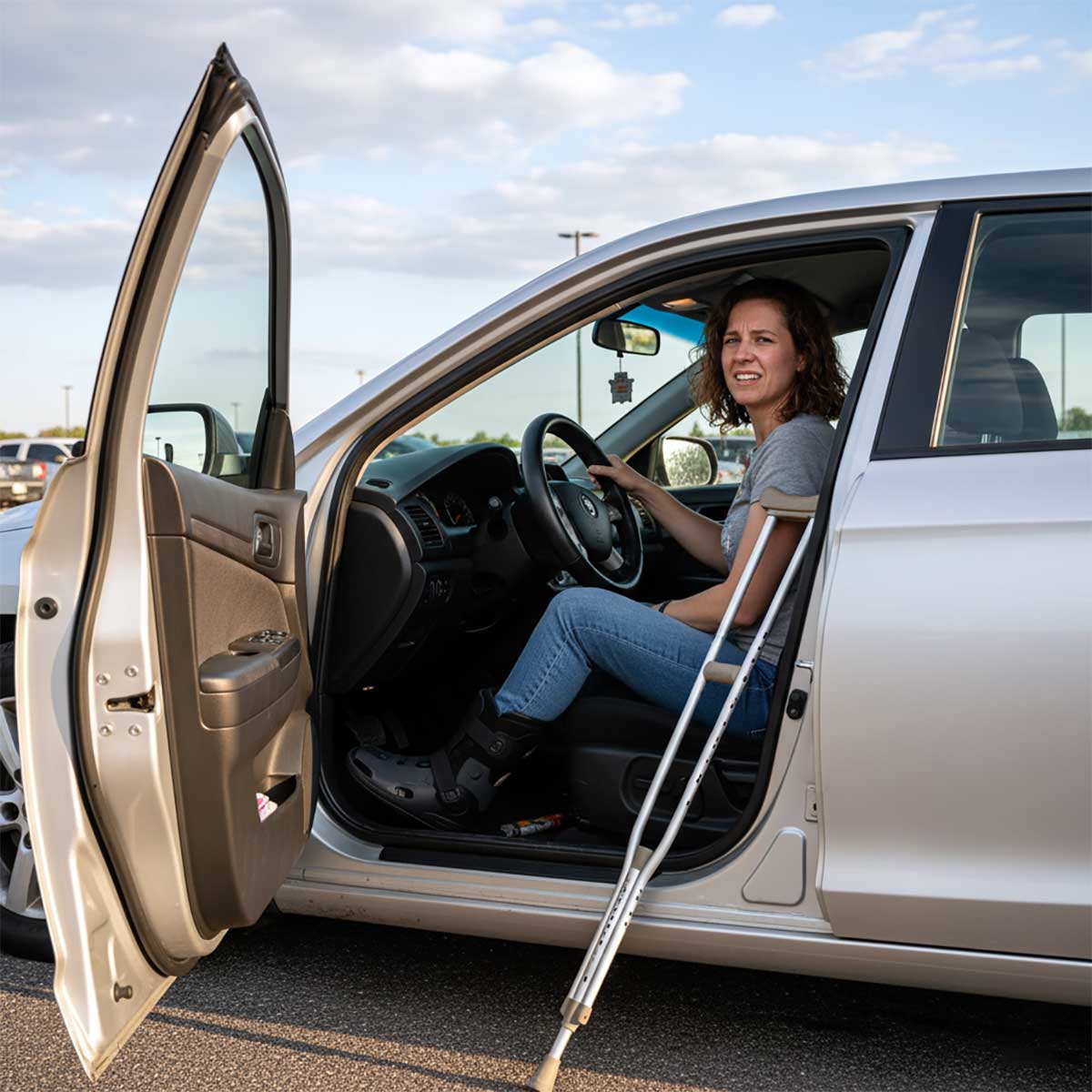 Driver with a walking boot and crutches sitting in the car with the door open