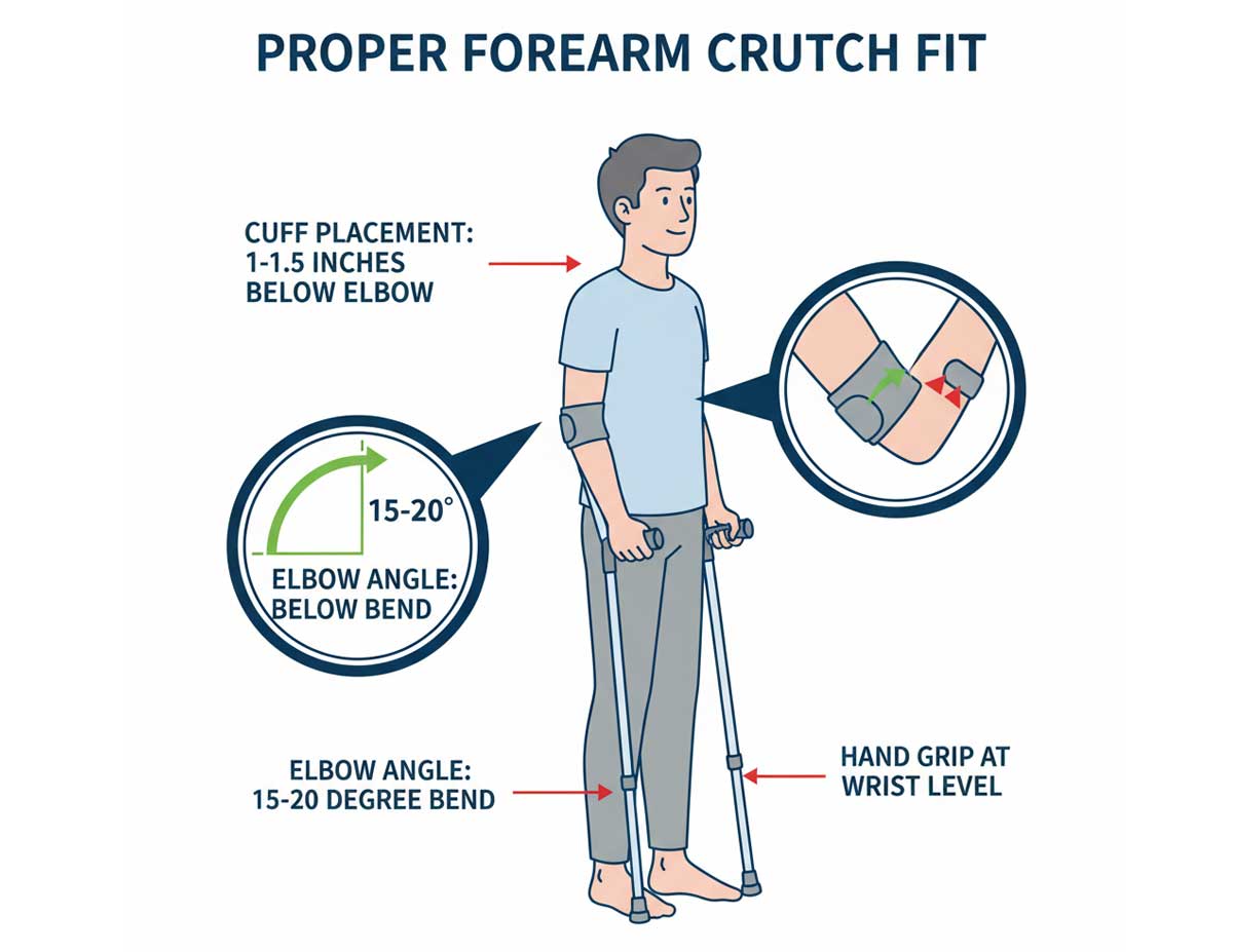Illustration of proper forearm crutch fit showing cuff placement and elbow angle