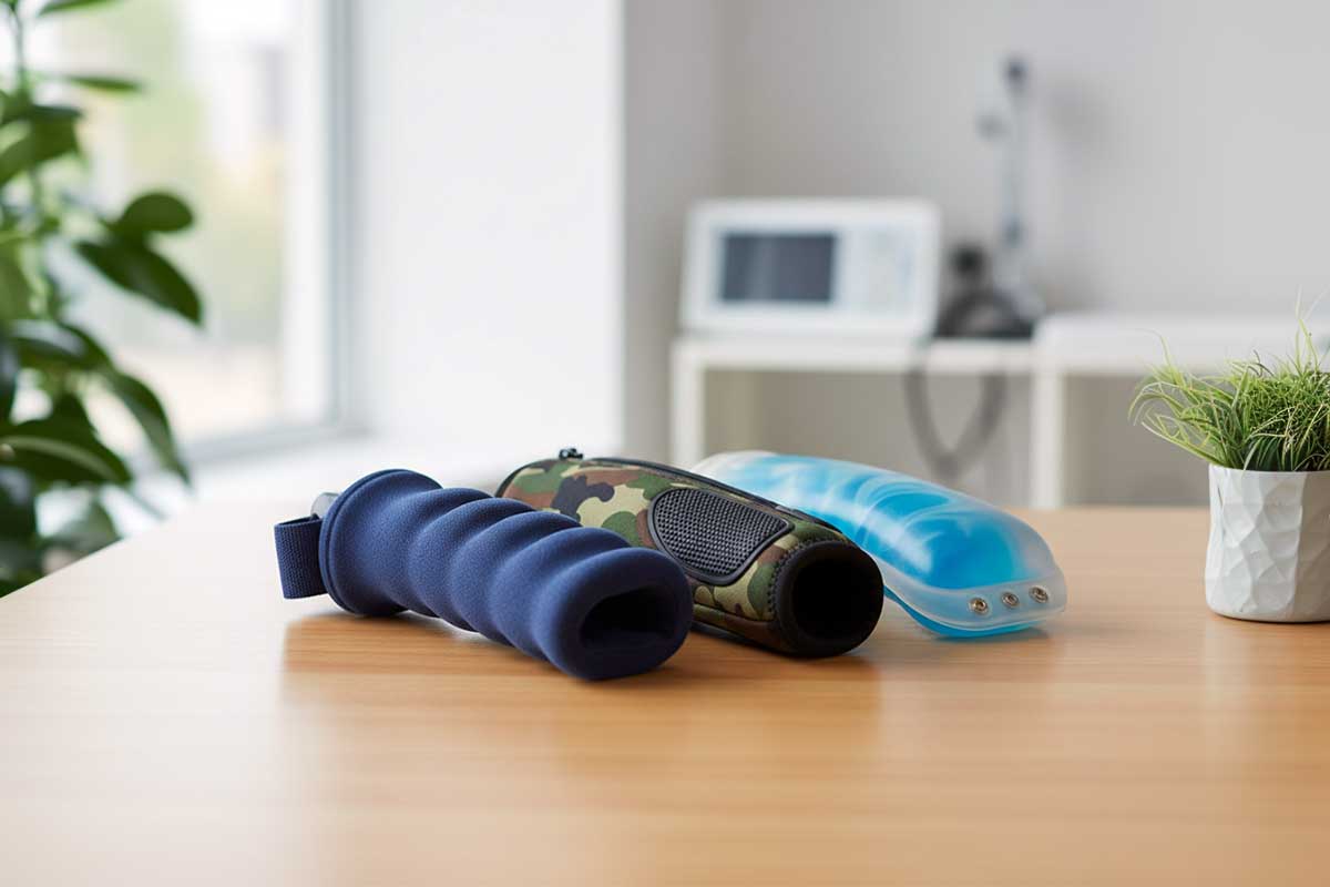 Three different crutch grip covers laid out side by side