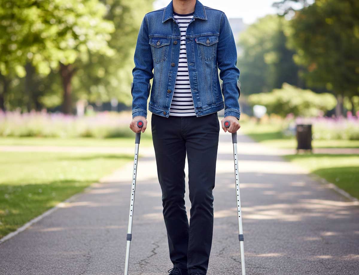 Hip length denim jacket styled with crutches, demonstrating safe coat length that does not tangle with crutch tips