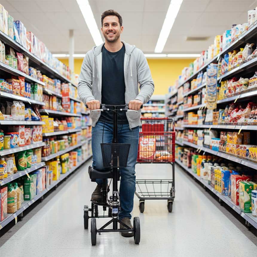Person riding a knee scooter down a grocery store aisle while holding the shopping cart handle with one hand