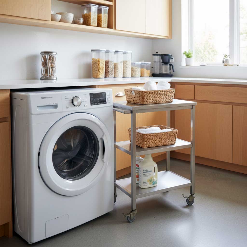 Small laundry basket on a rolling cart positioned next to a front-loading washing machine