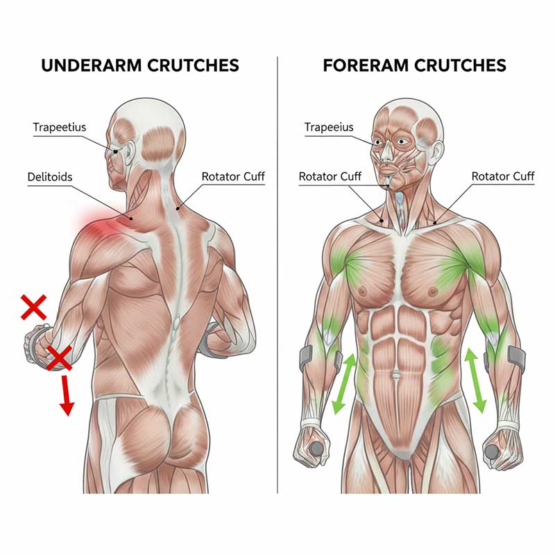 Anatomical diagram showing shoulder muscle groups affected by crutch use with stress points highlighted