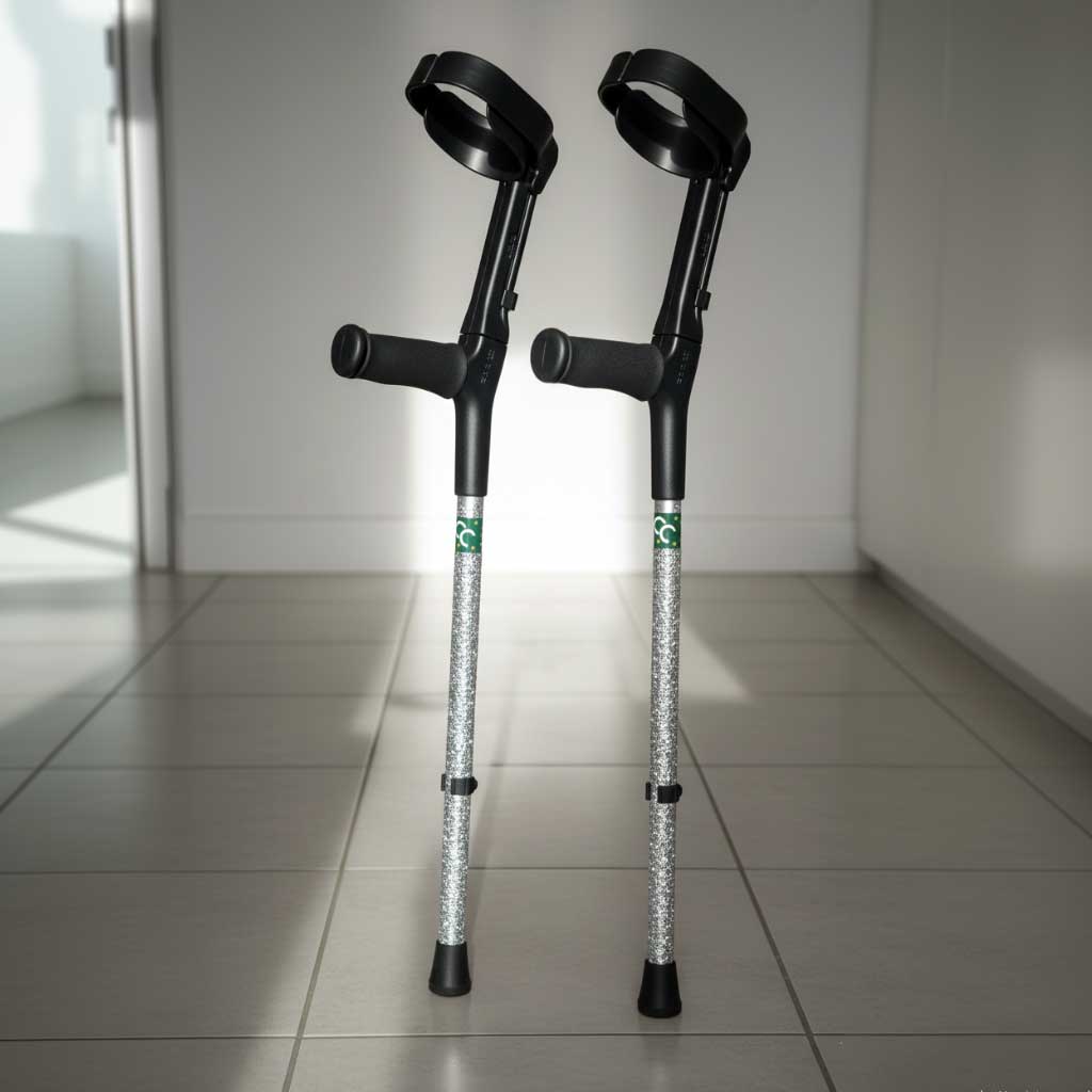 Cool Crutches Majestick forearm crutches with diamante silver finish shown in natural daylight on a tiled floor