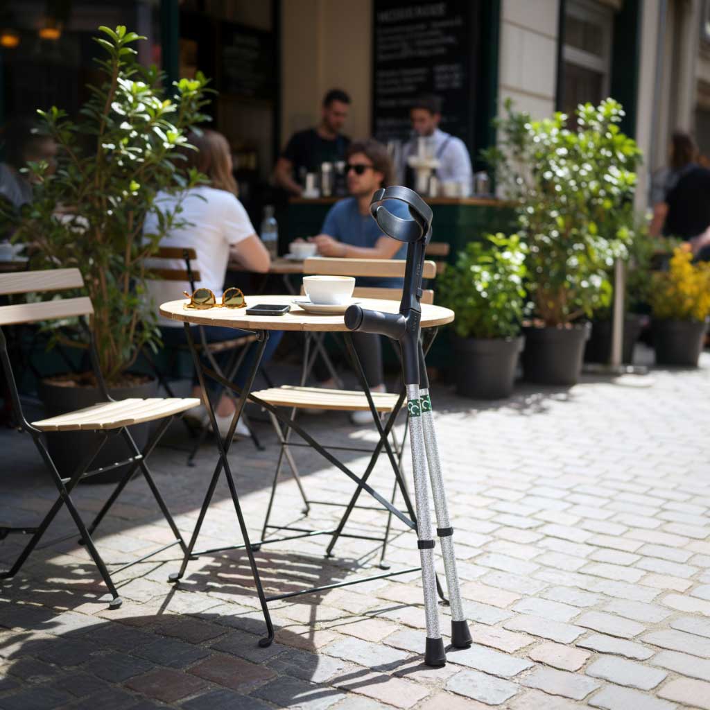 Majestick forearm crutches leaning against a cafe table with coffee cup showing how they fit in social settings