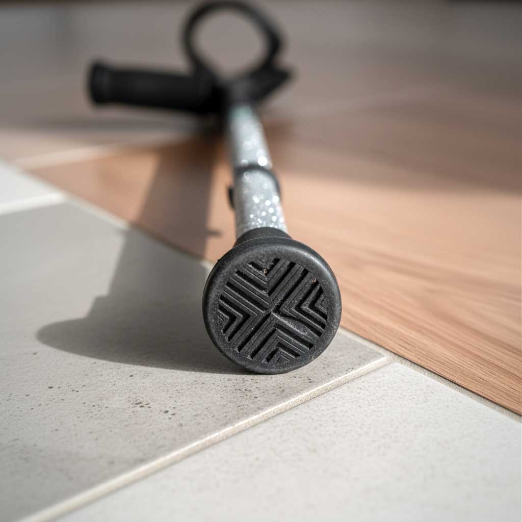 Rubber ferrule tip of Majestick crutches showing textured tread pattern for grip on multiple floor surfaces