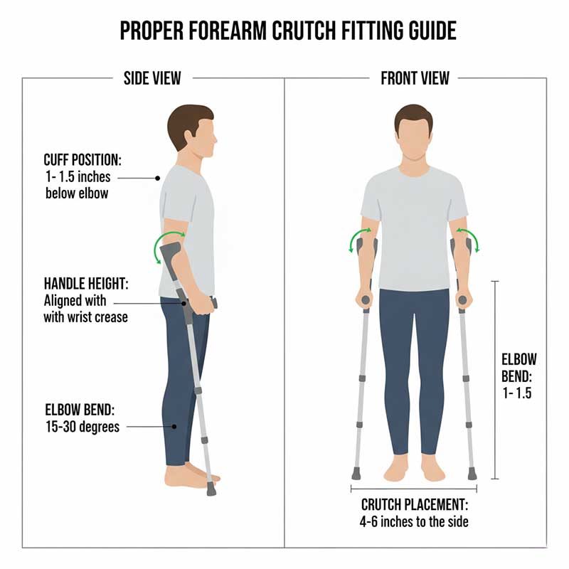 Infographic guide showing proper forearm crutch fitting measurements and correct positioning