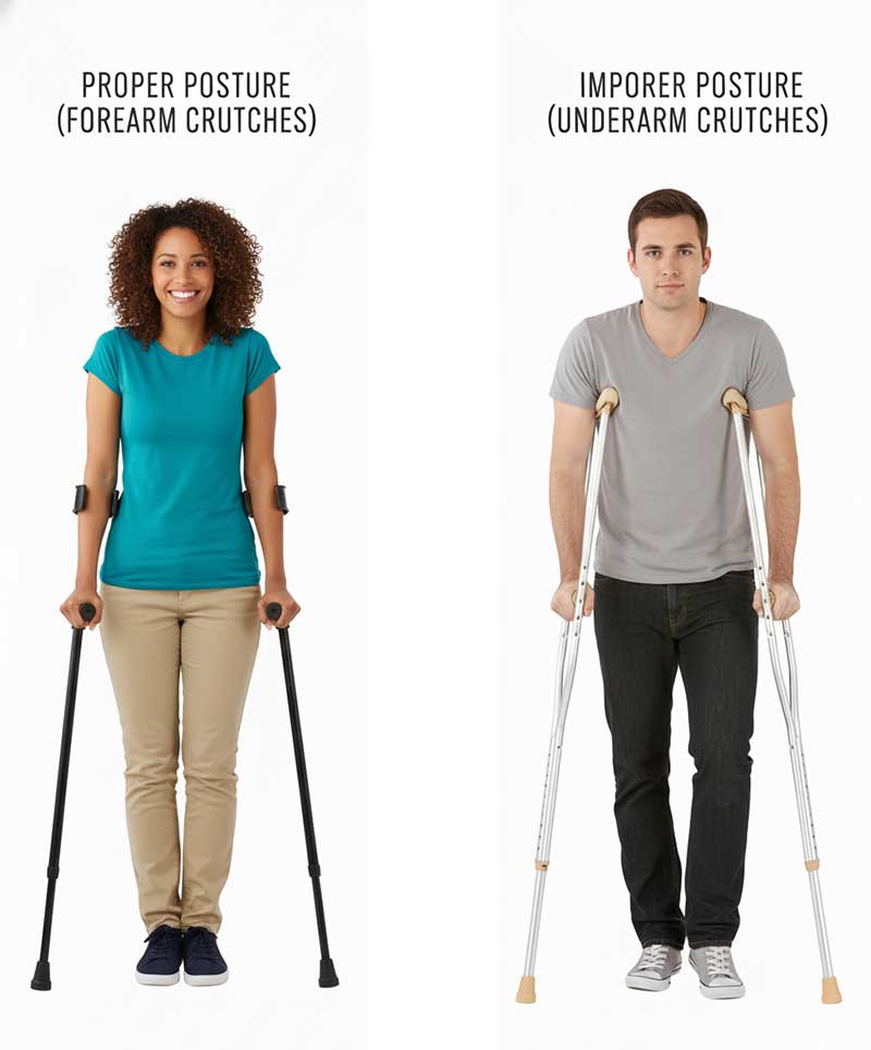 Comparison of proper posture with forearm crutches versus underarm crutches showing better shoulder alignment