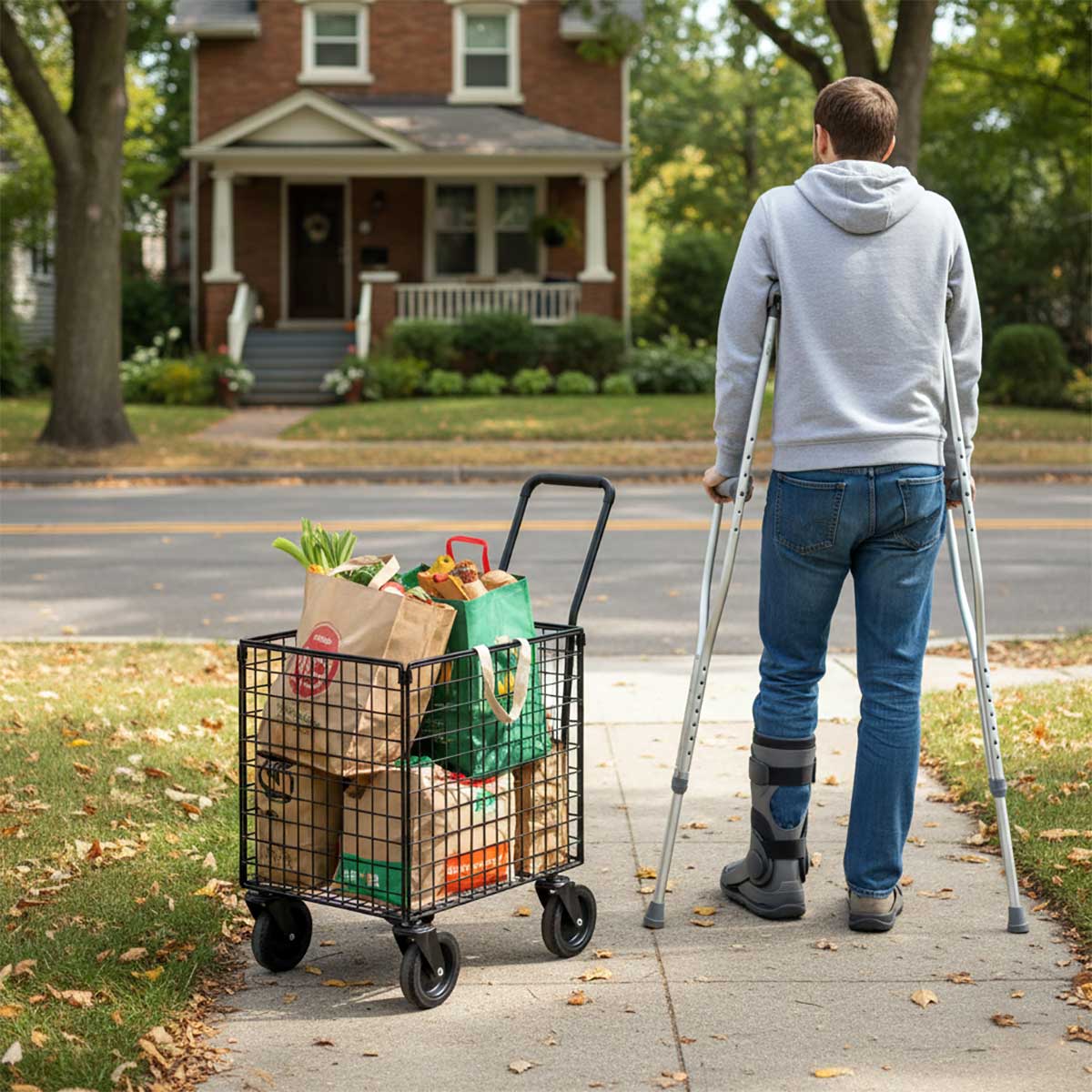 Small rolling cart loaded with grocery bags next to person on crutches