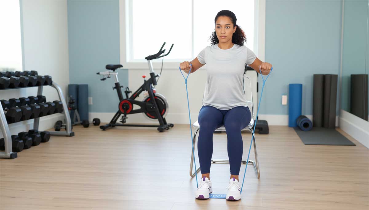 Person sitting on chair doing resistance band row exercise