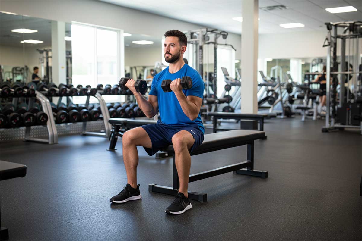 Person seated doing biceps curls with dumbbells