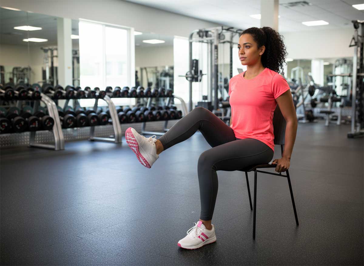 Person sitting on chair doing seated marching exercise