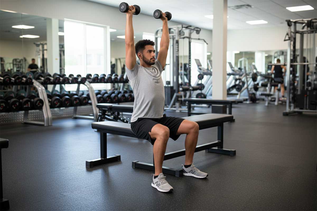 Person seated doing overhead triceps extension with dumbbell