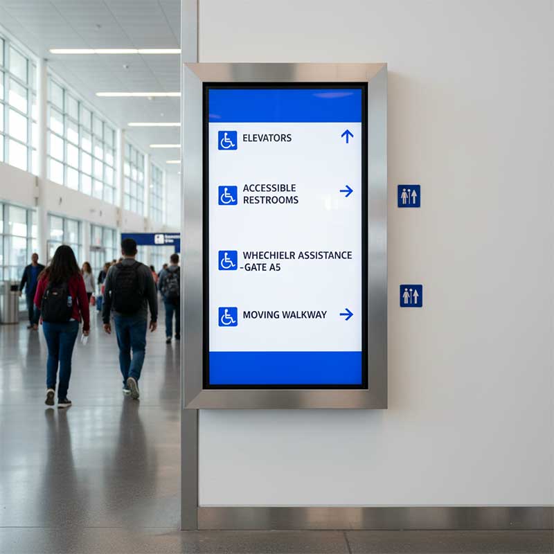 Airport accessibility signage with wheelchair and elevator symbols