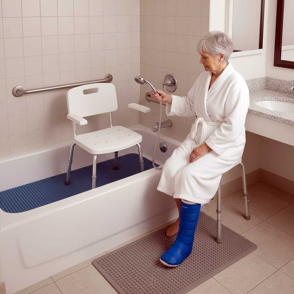 Complete shower safety setup showing white shower chair, textured gray non-slip mat, chrome grab bar, handheld shower head with hose, and blue waterproof cast cover