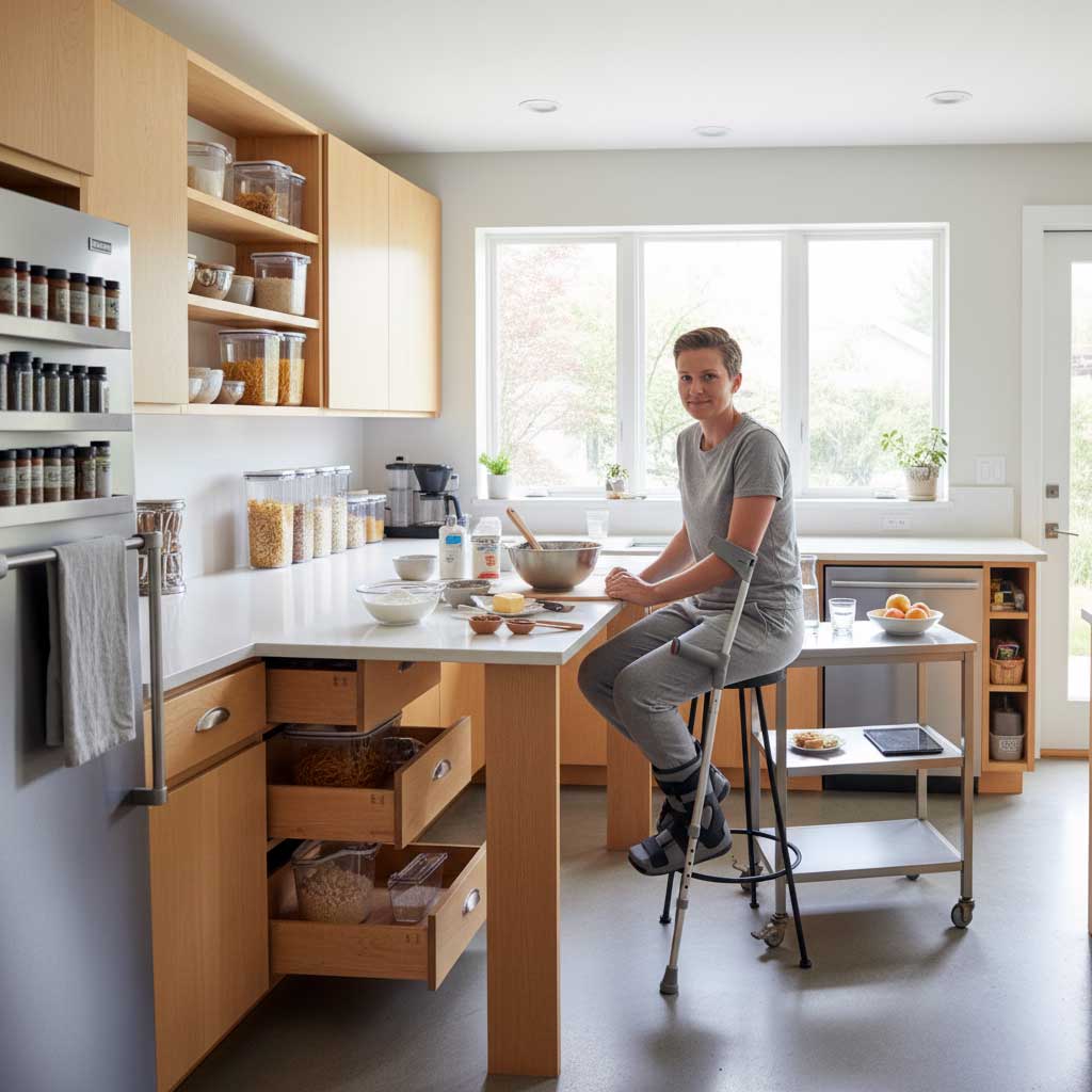 Person sitting at a kitchen counter with ingredients and tools arranged close by while crutches lean against the counter