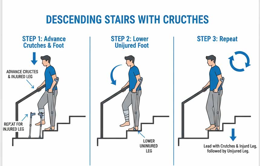 Diagram showing the three-step sequence for descending stairs with a handrail and crutches