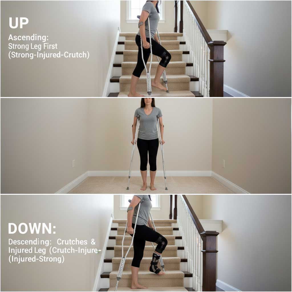 Crutch step order on carpeted stairs: up strong‑injured‑crutch; down crutch‑injured‑strong