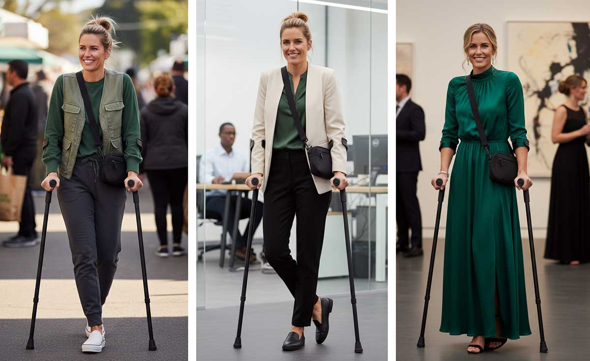 Three complete outfits for different occasions showing crutch friendly styling for errands, work, and social events