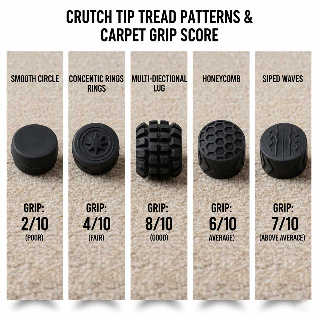 Crutch tip tread patterns and carpet grip scores (relative)